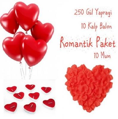 Romantik Paket 250 Gül Yaprağı, Mum, Balon